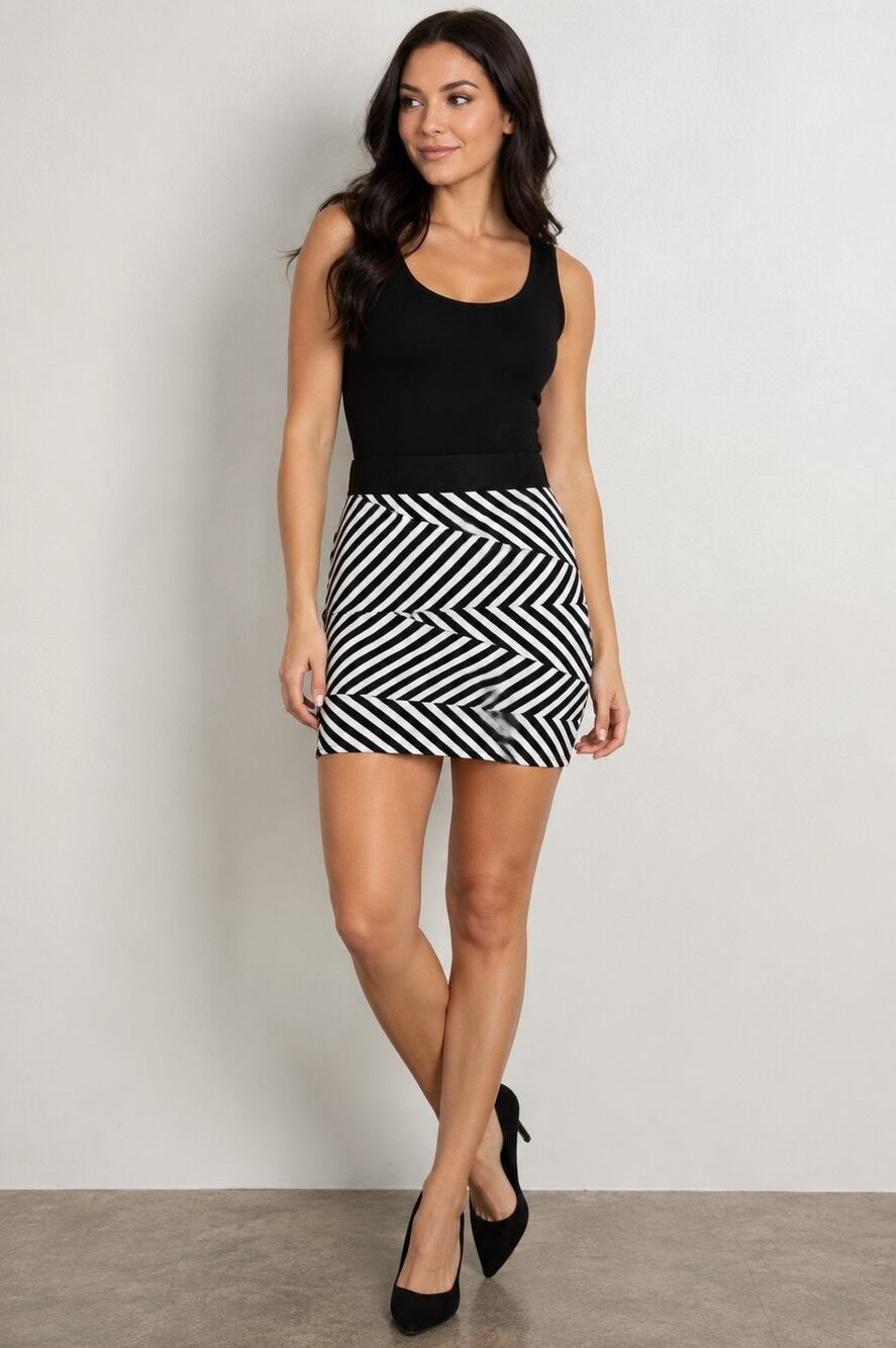 Monteau Black White Geometric Striped Bodycon Mini Skirt Elastic Waist Size L